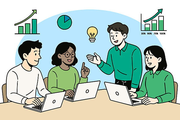 일러스트 회의 그래프 협력 아이디어 기술 실험 대화 사람 노트북 사무실 정보 시간 업무 발표 분석 하이테크 기획 전략 문제해결 브레인스토밍 국내일러스트 AI파일 컨셉 비즈니스 말하기 전자제품 작업 파일형식 벡터