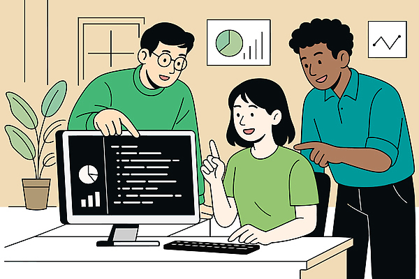 일러스트 그래프 협력 아이디어 기술 대화 캐주얼 컴퓨터 사무실 스크린 정보 작업 코드 토론 프레젠테이션 분석 동료 하이테크 개발 서류판 프로그램 국내일러스트 AI파일 옷 컨셉 비즈니스 관계 말하기 전자제품 사무용품 파일형식 벡터