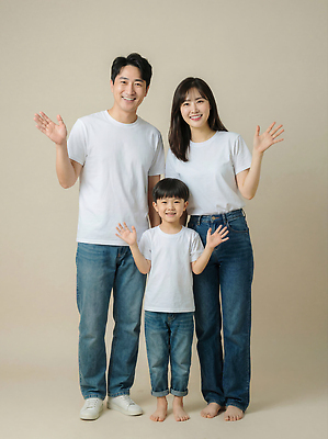 JPG 편집이미지 행복 아들 어린이 포즈 가족 엄마 스튜디오 미소 부모 촬영 청바지 아빠 가족사진 손흔들기 의료성형뷰티 편집실사 AI인물포토 AI콘텐츠 감정 바지 관계 모션 표정 사람 CG 파일형식 단체사진 AI포토