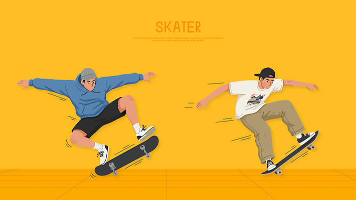 감정 컬러 관계 모션 운동선수 건강 사람 보드_스포츠 파일형식 벡터 스케이트보드 남자 스케이터 점프 회전 노란색 운동 거리 그림 스포츠 문화 친구 놀이 열정 기술 즐거움 도전 AI파일 일러스트 국내일러스트