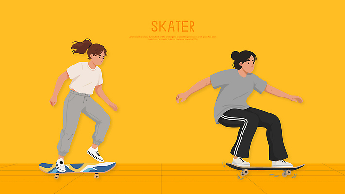 패션 스포츠 일러스트 모션 놀이 레저 거리 안전 사람 친구 운동 노란색 스케이트보드 승차 균형 즐거움 스케이터 스타일 국내일러스트 AI파일 감정 컬러 관계 운동선수 건강 보드_스포츠 파일형식 벡터