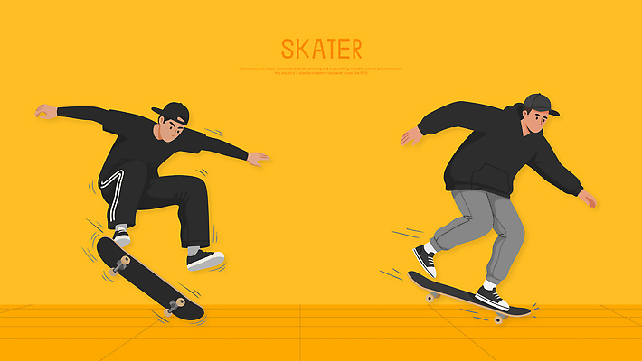 남자 스포츠 포즈 일러스트 모션 놀이 취미 두명 친구 청춘 운동 점프 자유 도시 스케이트보드 즐거움 퍼포먼스 스케이터 노란배경 국내일러스트 AI파일 감정 백그라운드 컨셉 관계 운동선수 건강 사람 노란색 보드_스포츠 파일형식 벡터