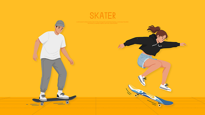 계절 감정 백그라운드 신발 관계 모션 하의 운동선수 건강 사람 노란색 보드_스포츠 파일형식 벡터 스케이트보드 점프 노란배경 스케이터 운동 남자 여자 기술 즐거움 친구 거리 도전 여름 스포츠 놀이 샌들 바지 AI파일 일러스트 국내일러스트