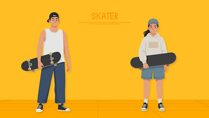 여자 남자 스포츠 포즈 백그라운드 일러스트 반바지 모션 놀이 캐주얼 친구 노란색 청바지 스케이트보드 그룹 후드티셔츠 스케이터 스타일 국내일러스트 AI파일 옷 컬러 티셔츠 바지 관계 운동선수 사람 보드_스포츠 파일형식 벡터