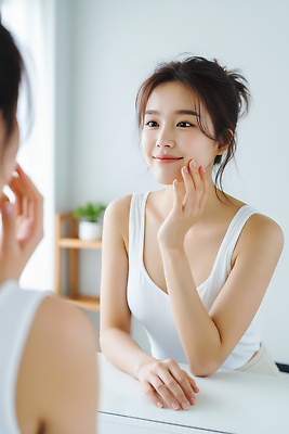 JPG 편집이미지 손 여자 얼굴 모션 아침 표정 미소 일상 뷰티 공간 거울 도박 피부관리 자아 의료성형뷰티 편집실사 AI인물포토 AI콘텐츠 주간 사람 라이프 신체부위 CG 파일형식 AI포토