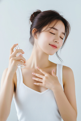 JPG 편집이미지 손 여자 얼굴 실내 표정 관리 뷰티 촬영 화장품 뿌리기 피부 피부관리 스프레이 장면 목 의료성형뷰티 편집실사 AI인물포토 AI콘텐츠 모션 사람 내부 신체부위 CG 파일형식 AI포토