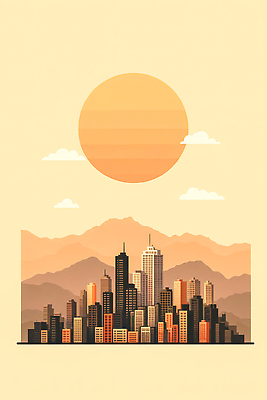 JPG 모양 건축물 일러스트 하늘 산 거리 따뜻함 풍경 건물 빛 태양 일몰 도시 저녁 모던 그림 지평선 수평선 경관 국내일러스트 AI일러스트 AI콘텐츠 자연요소 건축 노을 야간 파일형식