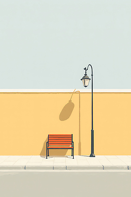 JPG 디자인 벽 여행 가로등 벤치 일러스트 휴식 조명 거리 회화 그림자 풍경 일상 빨간색 주황색 공간 관찰 도시 오후 국내일러스트 AI일러스트 AI콘텐츠 공공시설 컬러 컨셉 의자 모션 말하기 라이프 파일형식