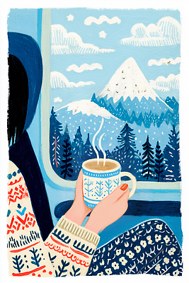 식물 계절 육상교통 대중교통 눈_날씨 신체부위 생태계 파일형식 기차 창문 산 숲 음료 손 겨울 여행 자연 풍경 따뜻함 사람 리조트 흰눈 나무 일러스트 국내일러스트 JPG