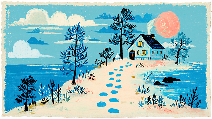 JPG 나무 길 여유 바다 일러스트 자연 하늘 수채화 주택 풍경 해변 태양 일몰 발자국 그림 뷰티풀 차분 국내일러스트 AI일러스트 AI콘텐츠 자연요소 식물 감정 컨셉 자국 건물 노을 생태계 파일형식