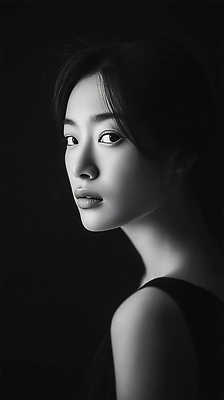JPG 편집이미지 헤어스타일 여자 감정 예술 포즈 신체 검은배경 조명 흑백 표정 사람 옆모습 촬영 뷰티풀 의료성형뷰티 편집실사 AI인물포토 AI콘텐츠 뷰포인트 백그라운드 촬영기법 검은색 CG 파일형식 AI포토