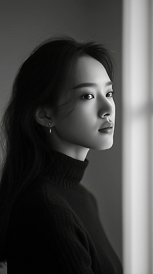JPG 모델 편집이미지 긴머리 여자 포즈 생각 조명 흑백 사람 옆모습 검은색 방 창가 그림 의료성형뷰티 스타일 편집실사 AI인물포토 AI콘텐츠 헤어스타일 뷰포인트 컬러 창문 촬영기법 CG 파일형식 AI포토
