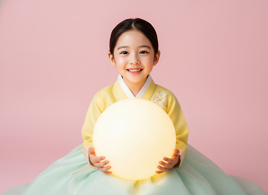 JPG 편집이미지 손 어린이 분홍색 백그라운드 공 조명 미소 소녀 태양 귀여움 촬영 전통의상 한복 의료성형뷰티 편집실사 AI인물포토 AI콘텐츠 자연요소 한국전통 전통 여자 컬러 컨셉 표정 사람 신체부위 CG 파일형식 AI포토