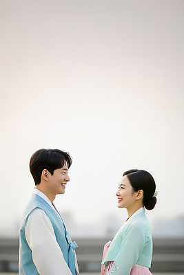 JPG 편집이미지 전통 부부 커플 응시 여자 남자 행복 사랑 미소 웃음 풍경 이벤트 기쁨 도시 한복 소통 의료성형뷰티 편집실사 AI인물포토 AI콘텐츠 한국전통 시선 감정 컨셉 관계 표정 사람 전통의상 CG 파일형식 AI포토