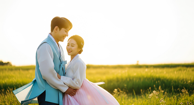 JPG 편집이미지 부부 커플 응시 여자 남자 자연 날씨 미소 웃음 초원 기쁨 한복 공유 의료성형뷰티 편집실사 AI인물포토 AI콘텐츠 한국전통 시선 감정 관계 표정 사람 전통의상 CG 생태계 파일형식 AI포토