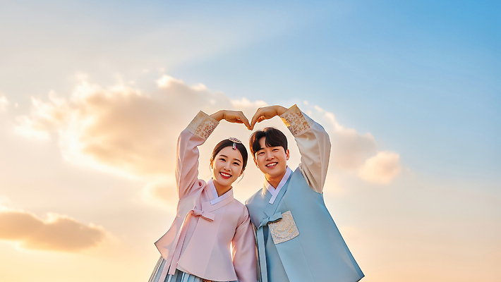 JPG 편집이미지 전통 손 부부 커플 행복 하늘 한국 사랑 웃음 노을 하트 저녁 한복 외출 의료성형뷰티 편집실사 AI인물포토 AI콘텐츠 자연요소 모양 한국전통 감정 아시아 관계 표정 신체부위 야간 전통의상 CG 파일형식 AI포토
