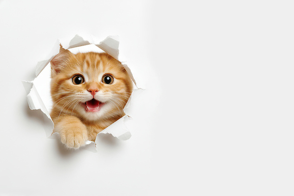 JPG 동물 편집이미지 시선 벽 장난 털 표정 반려동물 귀여움 고양이 놀람 흰색 구멍 호기심 장면 앞발 편집실사 AI컴퓨터그래픽 AI콘텐츠 감정 컬러 컨셉 포유류 CG 파일형식