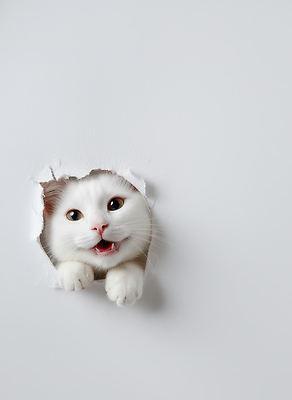 JPG 동물 편집이미지 응시 벽 주택 반려동물 귀여움 고양이 놀람 흰색 구멍 호기심 스릴 앞발 뚫기 편집실사 AI컴퓨터그래픽 AI콘텐츠 시선 감정 컬러 컨셉 포유류 모션 표정 건물 CG 파일형식