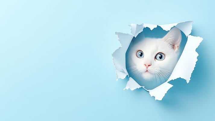JPG 동물 편집이미지 시선 종이 얼굴 하늘색 백그라운드 귀여움 고양이 놀람 흰색 구멍 찢어짐 편집실사 AI컴퓨터그래픽 AI콘텐츠 감정 컬러 컨셉 포유류 모션 표정 신체부위 파란색 반려동물 CG 파일형식