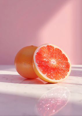 JPG 편집이미지 음식 분홍색 컬러 백그라운드 과일 자연 탁자 조명 그림자 반사 전시 자르기 자몽 반 과즙 이미지편집 AI컴퓨터그래픽 AI콘텐츠 가구 모션 생태계 파일형식