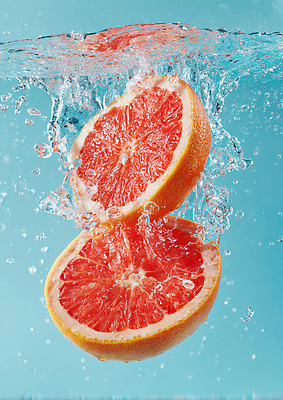 JPG 편집이미지 백그라운드 과일 건강 요리 물 파란색 수영 신선 떨어짐 자몽 천연 비타민 수분_꽃가루 이미지편집 AI컴퓨터그래픽 AI콘텐츠 자연요소 컬러 컨셉 수상스포츠 영양소 파일형식