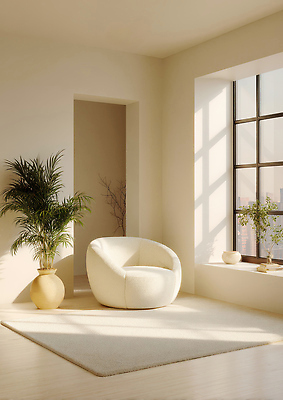 JPG 식물 편집이미지 디자인 거실 의자 창문 바닥 인테리어 소파 햇빛 공간 편안함 모던 베이지색 편집실사 AI포토 AI콘텐츠 컬러 가구 태양 감각 CG 파일형식