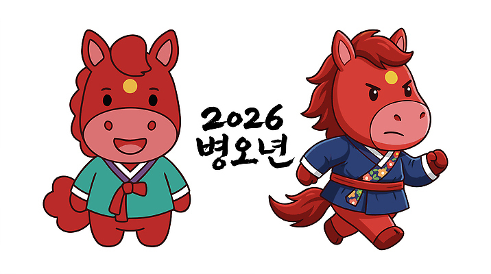 동물 캐릭터 전통 디자인 옷 문화 컬러 일러스트 기념 한국 표정 웃음 장식 달리기 축제 말_동물 생일 말띠 이미지 2026년 국내일러스트 병오년 붉은말 AI파일 기념일 아시아 포유류 모션 십이지신 연도 파일형식 벡터