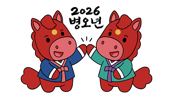 동물 캐릭터 감정 문화 일러스트 응원 기념 한국 사랑 친구 만남 축하 표현 말_동물 전통의상 연도 즐거움 말띠 소통 국내일러스트 병오년 붉은말 AI파일 전통 아시아 컨셉 포유류 관계 십이지신 파일형식 벡터 2026년