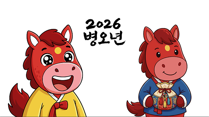 캐릭터 한국문화 디자인 옷 명절 기념일 행복 컬러 일러스트 모션 기념 웃음 귀여움 축제 전통의상 그림 말띠 말캐릭터 국내일러스트 병오년 붉은말 AI파일 동양문화 전통 감정 동물캐릭터 컨셉 한국 표정 이벤트 십이지신 말_동물 파일형식 벡터 2026년