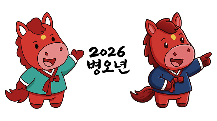 동물 캐릭터 전통 디자인 명절 기념일 문화 어린이 컬러 포즈 일러스트 한국 귀여움 축제 축하 표현 말_동물 한복 그림 말띠 2026년 국내일러스트 병오년 붉은말 AI파일 한국전통 아시아 컨셉 포유류 사람 이벤트 십이지신 전통의상 연도 파일형식 벡터