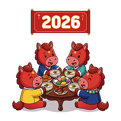 동물 전통 옷 명절 문화 음식 상징 컬러 일러스트 가족 식탁 새해 한국 친구 모임 축하 말_동물 즐거움 말띠 나누기 2026년 국내일러스트 병오년 붉은말 AI파일 기념일 감정 아시아 컨셉 포유류 관계 탁자 십이지신 연도 파일형식 벡터