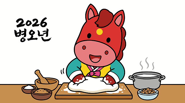 전통 기념일 문화 음식 일러스트 재료 모션 기념 요리 사람 이벤트 주방 혼합 준비 반죽 만들기 말띠 장면 말캐릭터 다과 국내일러스트 병오년 붉은말 AI파일 동물캐릭터 디저트 십이지신 말_동물 파일형식 벡터 2026년