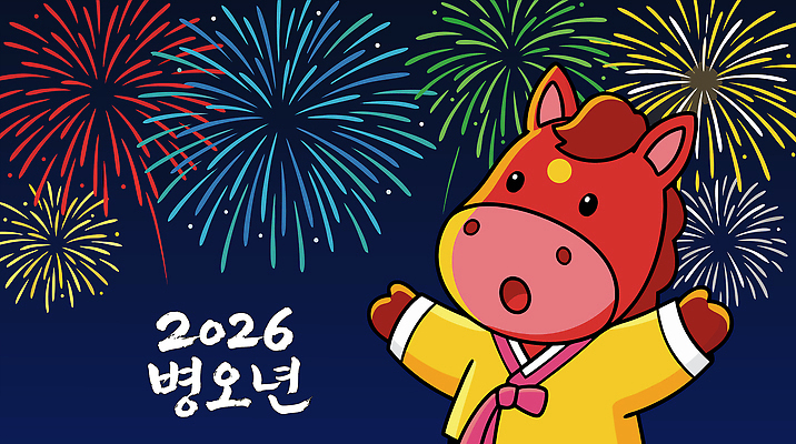 캐릭터 전통 디자인 문화 컬러 일러스트 하늘 새해 기념 한국 불꽃놀이 이벤트 축제 축하 화려 즐거움 말띠 환영 2026년 국내일러스트 병오년 붉은말 AI파일 감정 아시아 컨셉 놀이 십이지신 말_동물 연도 파일형식 벡터