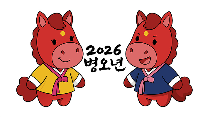 동물 캐릭터 전통 디자인 기념일 문화 컬러 일러스트 기념 한국 귀여움 축제 축하 말_동물 한복 말띠 특별함 2026년 국내일러스트 병오년 붉은말 AI파일 한국전통 아시아 컨셉 포유류 이벤트 십이지신 전통의상 연도 파일형식 벡터