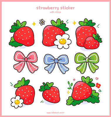 식물 디자인 꽃 리본 컬러 스티커 패턴 과일 일러스트 딸기 그래픽 장식 여름 장난감 귀여움 그리기 만화 그림 디지털아트 국내일러스트 AI파일 계절 컨셉 무늬 모션 파일형식 벡터