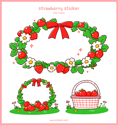 식물 디자인 꽃 리본 컬러 스티커 과일 일러스트 딸기 선물 그래픽 장식 여름 농장 바구니 원형 그림 손그림 국내일러스트 AI파일 도형 계절 농업 파일형식 벡터