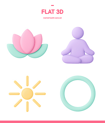 자연요소 도형 아이콘 꽃 건강 디지털합성 파일형식 정신건강 디자인 연꽃 명상 태양 원형 컬러 모양 플랫 3D 마음 상징 세트 3D아이콘 PSD