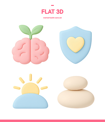 자연요소 아이콘 건강 파일형식 정신건강 뇌 방패 태양 돌_바위 그래픽 디자인 심리 세트 컬러 예술 창작 3D아이콘 PSD