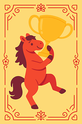 동물 일러스트 응원 성공 기념 장식 빨간색 노란색 귀여움 축제 경쟁 축하 우승 말_동물 행운 높이 트로피 즐거움 그림 부적 국내일러스트 병오년 붉은말 AI파일 감정 컬러 컨셉 포유류 최고 상_우승 파일형식 벡터 2026년