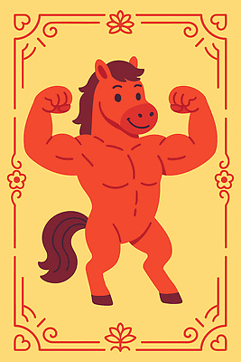 동물 캐릭터 전통 디자인 포즈 백그라운드 일러스트 근육 털 웃음 노란색 힘 표현 말_동물 발표 행운 즐거움 부적 스타일 국내일러스트 병오년 붉은말 AI파일 감정 컬러 컨셉 포유류 표정 파일형식 벡터 2026년