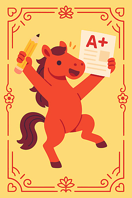 동물 교육 초등학생 어린이 예술 백그라운드 일러스트 모션 성공 수업 학습 연필 노란색 기쁨 시험 축하 표현 말_동물 행운 즐거움 에이플러스 부적 성적표 국내일러스트 병오년 붉은말 AI파일 학생 감정 컬러 컨셉 포유류 학용품 사람 필기구 점수 파일형식 벡터 2026년