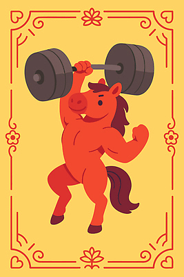 캐릭터 행복 스포츠 일러스트 털 실내 건강 운동 헬스 힘 말_동물 행운 무게 웨이트트레이닝 체육 부적 액션 국내일러스트 병오년 붉은말 AI파일 감정 컨셉 포유류 내부 파일형식 벡터 2026년