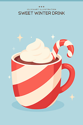 디자인 계절 음료 겨울 일러스트 디저트 따뜻함 사탕 컵 파란색 줄무늬 카페 달콤 설탕 코코아 휘핑크림 국내일러스트 AI파일 식기 음식 컬러 무늬 상점 맛 크림 휘핑 파일형식 벡터