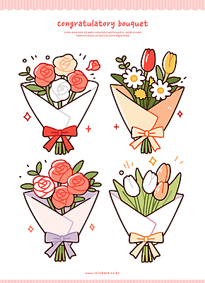 디자인 꽃 리본 컬러 꽃다발 스티커 일러스트 포장 선물 이벤트 장식 장미 다양 튤립 축하 데이지 조화 스타일 국내일러스트 AI파일 식물 다수 컨셉 파일형식 벡터