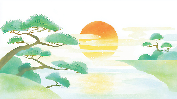 JPG 나무 일러스트 자연 하늘 바람 산 풍경 초록색 물 빛 태양 평화 일출 일몰 나뭇가지 저수지 소나무 저녁 뷰티풀 수평선 국내일러스트 AI일러스트 AI콘텐츠 자연요소 식물 컬러 컨셉 날씨 노을 야간 생태계 파일형식