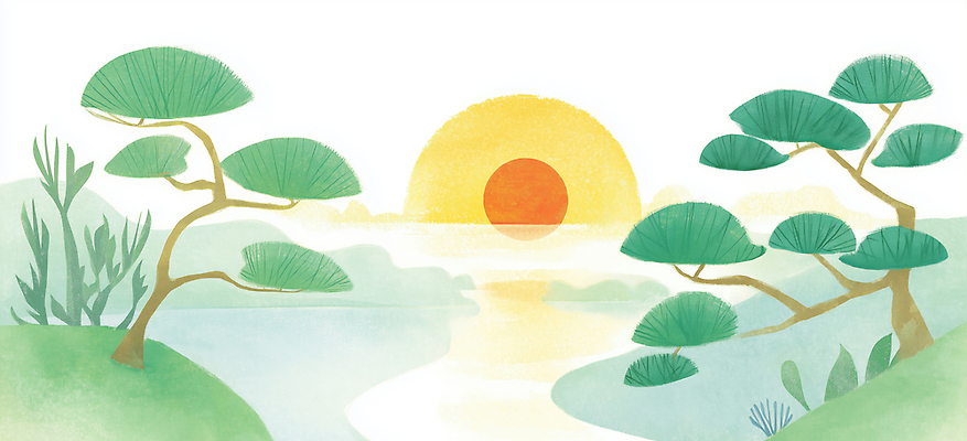 JPG 나무 식물 컬러 일러스트 자연 하늘 수채화 풍경 초록색 물 여름 강 태양 일출 소나무 언덕 뷰티풀 평야 수평선 국내일러스트 AI일러스트 AI콘텐츠 자연요소 계절 노을 생태계 파일형식