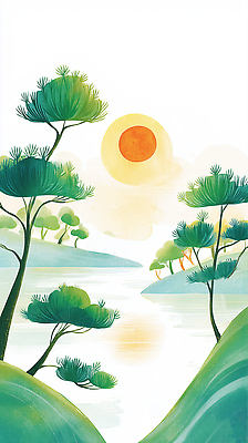 JPG 주간 나무 식물 호수 일러스트 자연 하늘 풍경 초록색 물 여름 강 햇빛 태양 일출 환경 연못 소나무 숲 강가 생태계 조경 수목 국내일러스트 AI일러스트 AI콘텐츠 자연요소 계절 컬러 노을 파일형식