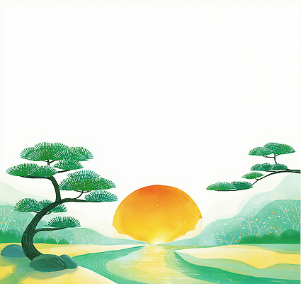 JPG 나무 일러스트 자연 날씨 산 풍경 초록색 물 빛 강 태양 반사 일출 어둠 금색 소나무 강가 그림 조화 수목 평원 국내일러스트 AI일러스트 AI콘텐츠 자연요소 식물 컬러 노을 생태계 파일형식