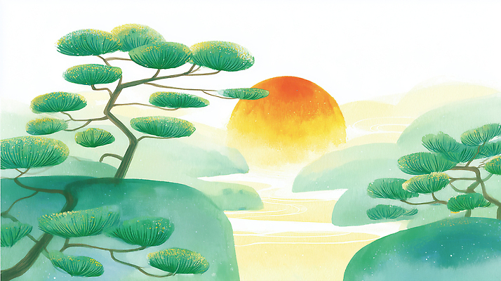 JPG 나무 야경 일러스트 자연 하늘 산 풍경 초록색 여름 빛 태양 일출 일몰 새벽 대기 소나무 그림 동산 수목 수평선 국내일러스트 AI일러스트 AI콘텐츠 자연요소 식물 계절 컬러 노을 야간 생태계 파일형식 풍경_경치