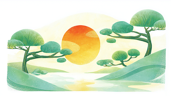 JPG 나무 컬러 일러스트 자연 산 풍경 초원 초록색 물 여름 햇빛 태양 일출 일몰 산책 연못 소나무 숲 그림 조화 국내일러스트 AI일러스트 AI콘텐츠 자연요소 식물 계절 휴식 노을 생태계 파일형식